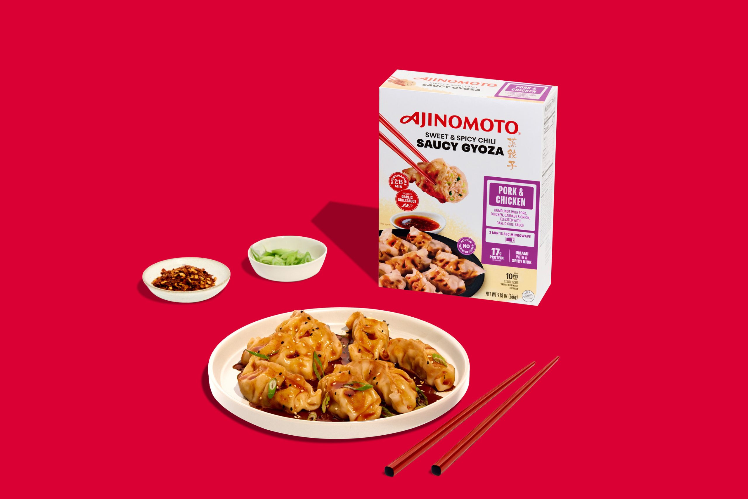 Ajinomoto Sweet and Spicy Chili Saucy Pork and Chicken Gyoza with product packaging and plated gyoza