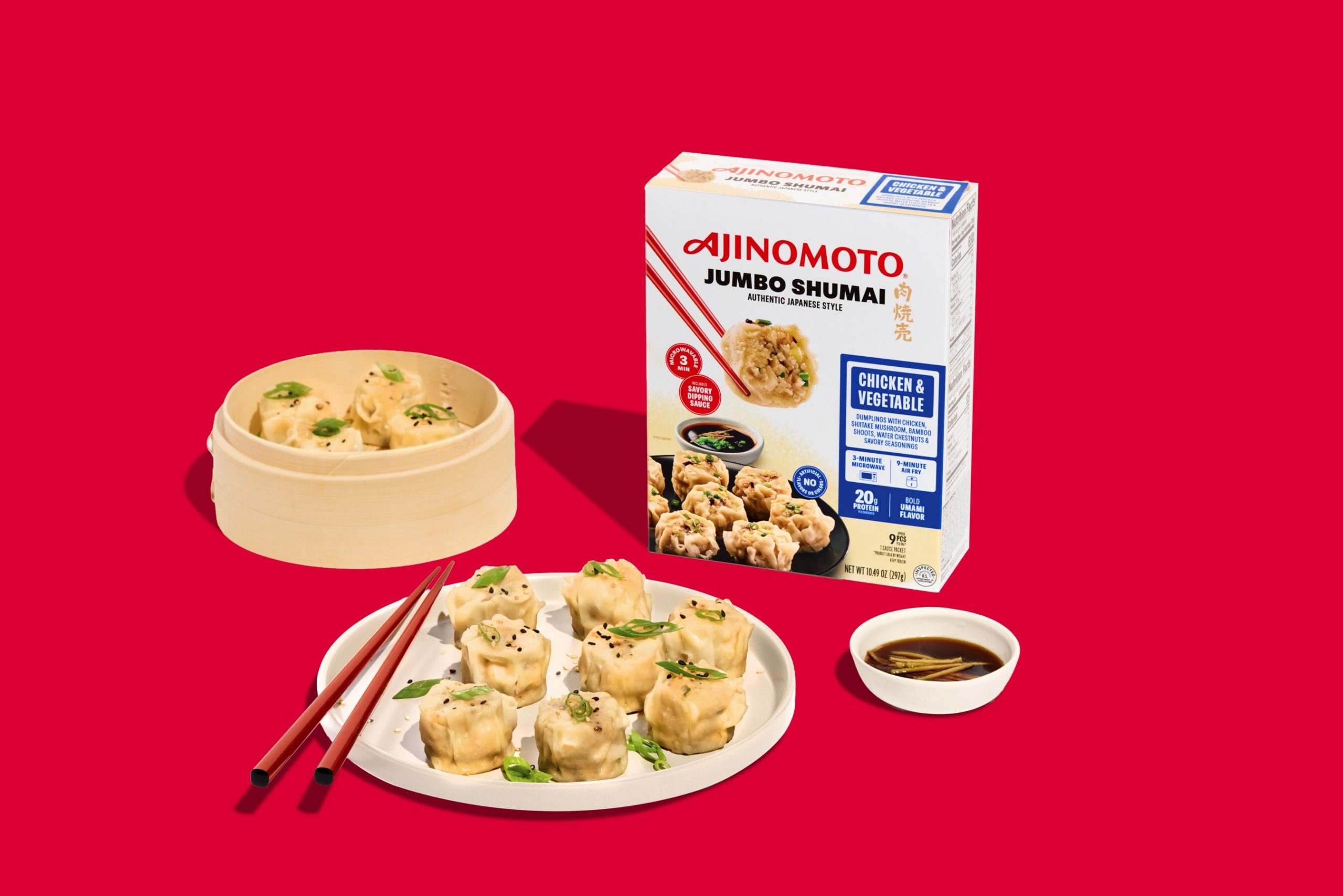Ajinomoto Japanese Jumbo Chicken Shumai with product packaging and plated shumai